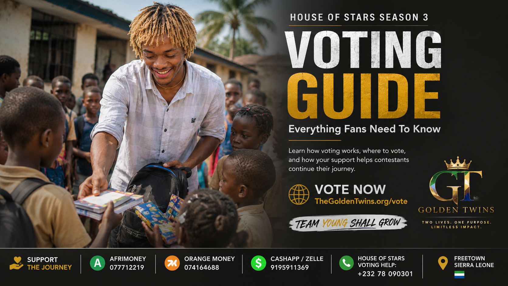 House of Stars Season 3 Voting Guide flyer featuring Jacob Sesay with children in Freetown